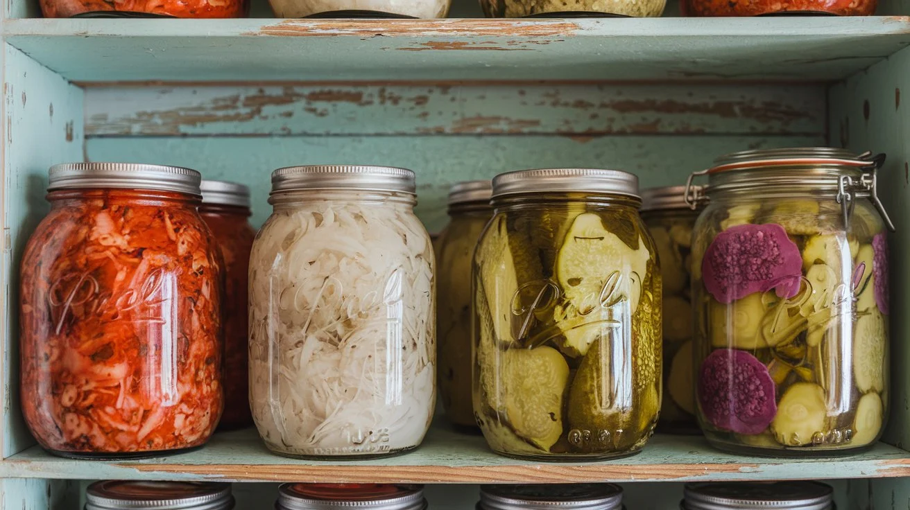 Jars filled with fermented foods such as kimchi, sauerkraut, and pickles on a rustic shelf.