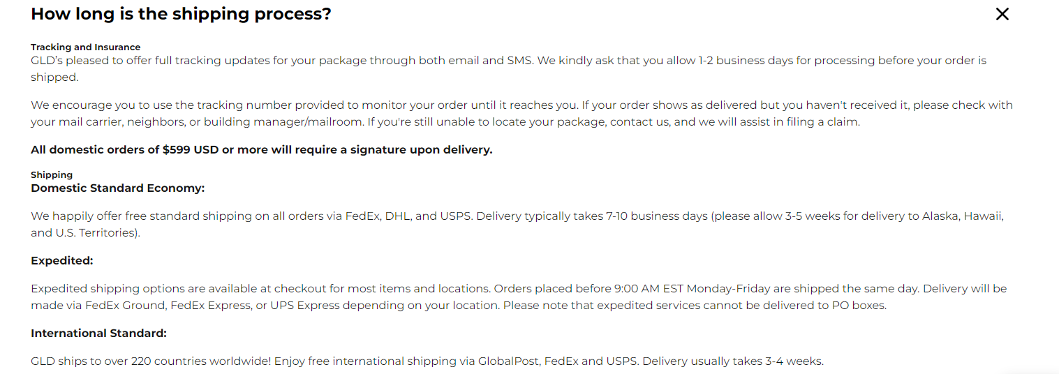 Image of GLD's shipping policy details page.