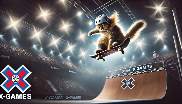 GenAI-created image of a cat performing a Tony Hawk-esque McTwist on a skateboard.