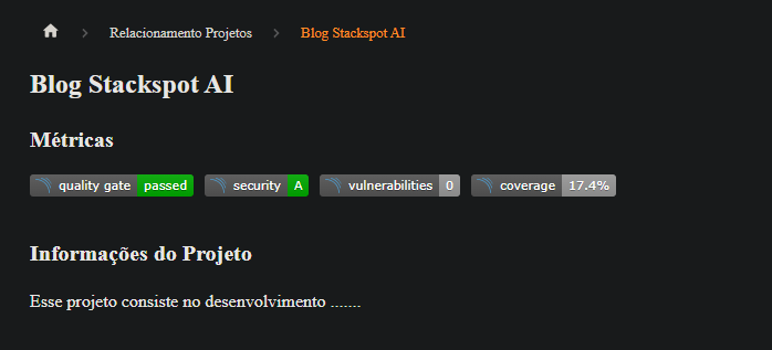 Imagem do artigo Documentação técnica com IA com captura de imagem com métricas quality gate passed, security A, vulnerabilities 0 e coverage 17,4%.