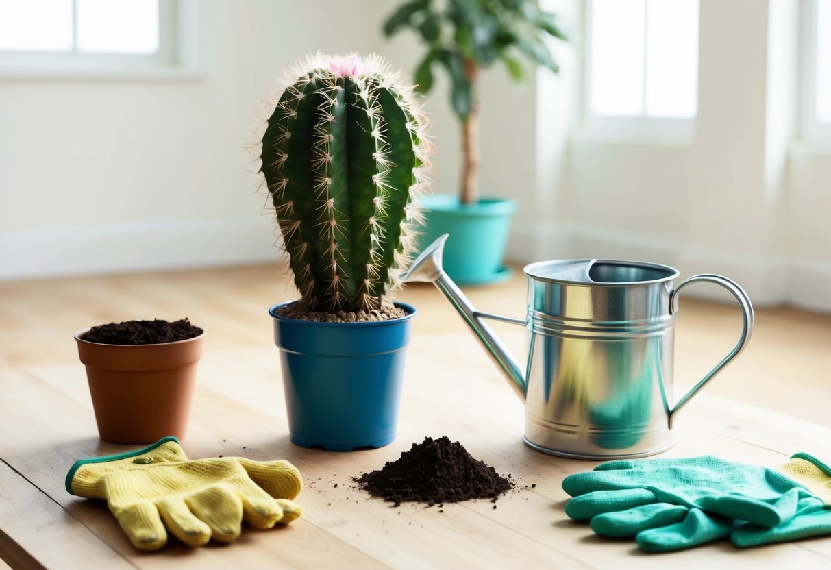 A Christmas cactus sits in a bright, airy room with a watering can nearby. A pair of gardening gloves and a small pot of soil are also visible