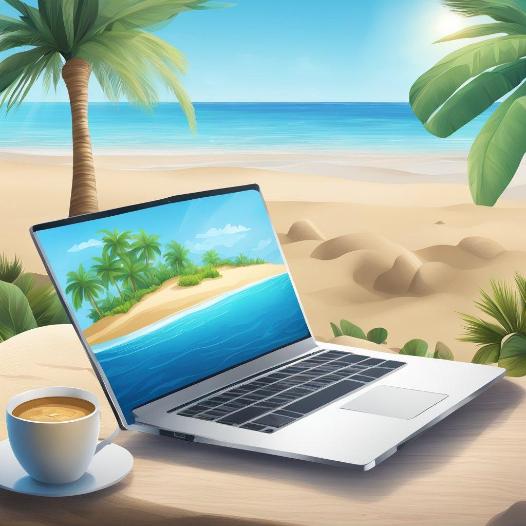 A serene beach setting with a laptop displaying a responsible online casino website, surrounded by a calm ocean and clear blue sky