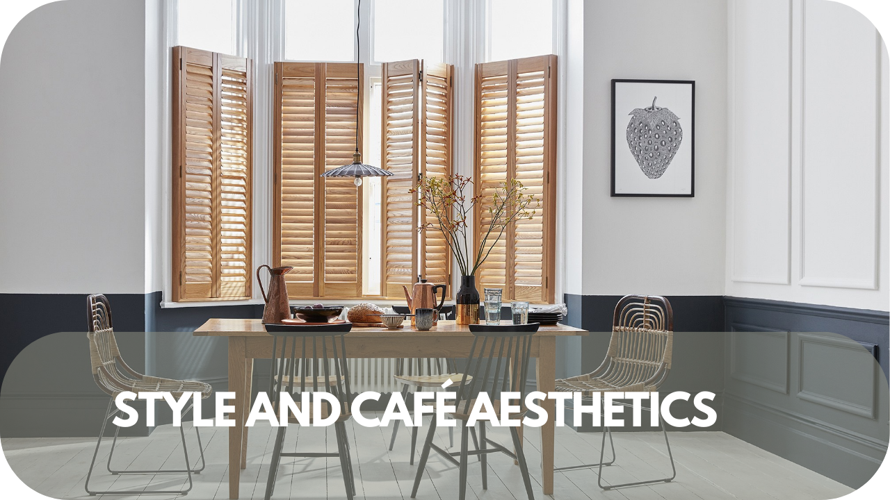 Elegant café blinds enhancing the style and charm of a cosy café setting.