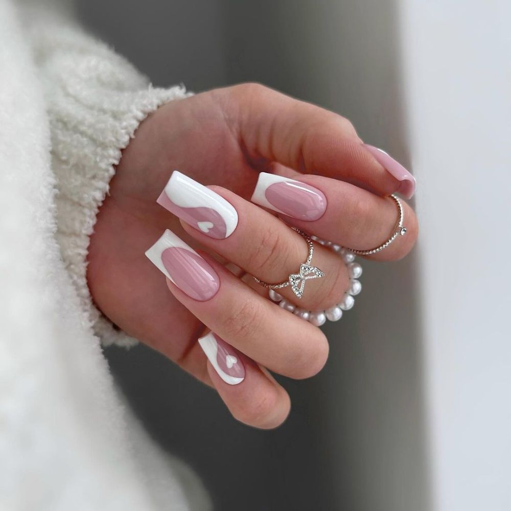 Simple White Nail Design on Sweetheart Nails