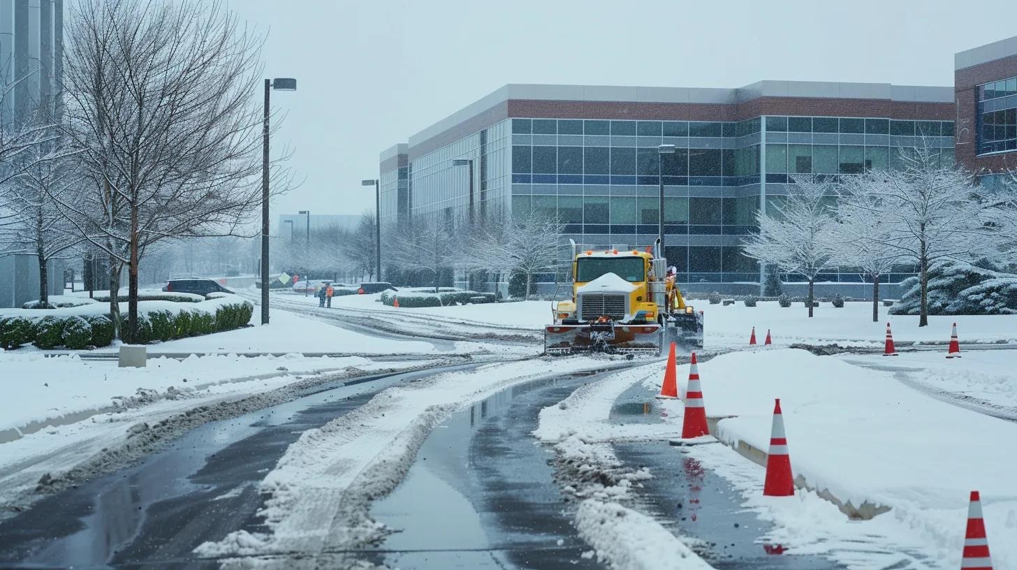 A large commercial property during winter with snow-covered parking lots and sidewalks. Heavy-duty snow removal equipment like snowplows and salt spreaders are actively clearing the area. Workers in high-visibility jackets coordinate near an office building, with safety cones marking cleared paths. The scene is overcast with light snowfall, conveying a professional and organized operation.