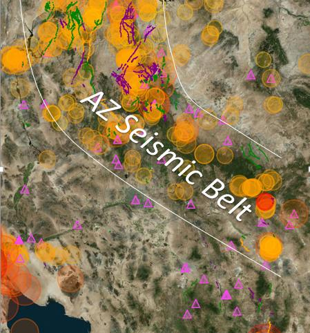 The Northern Arizona Seismic Zone indicated on a terrain map showing seismic activity