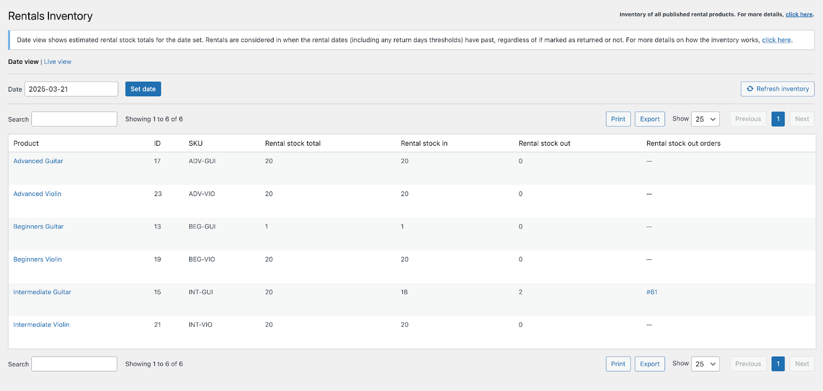 Viewing inventory in date view in the Rental Products for WooCommerce Rentals Inventory.