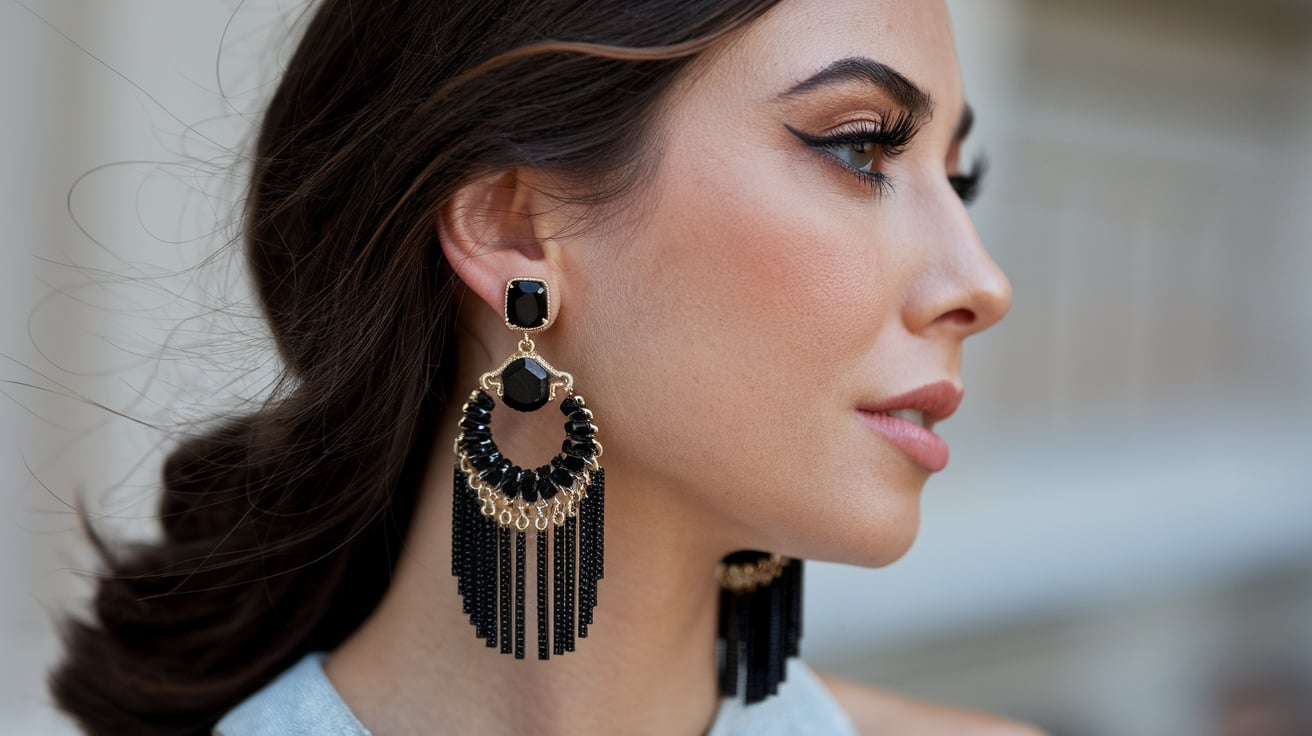 RJ Graziano Black Jet Earrings Frings