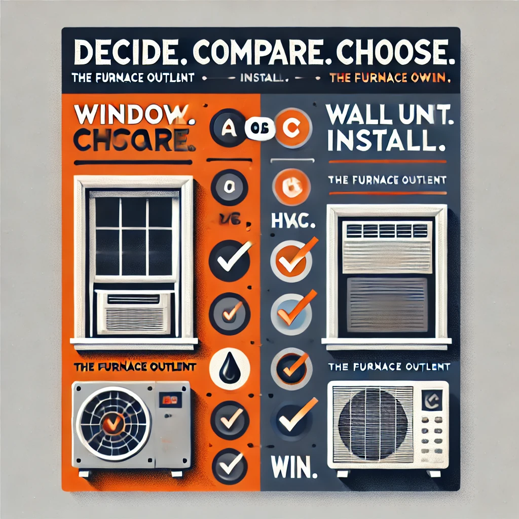 Split-view banner comparing window and wall AC units with checklist icons, pros/cons symbols, and HVAC visuals. Text reads: “Decide. Compare. Choose. Install. Win.” and The Furnace Outlet brand colors.