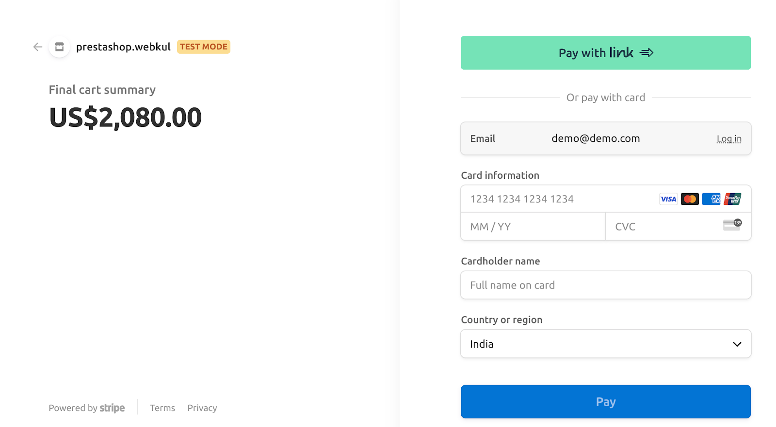 Stripe checkout page