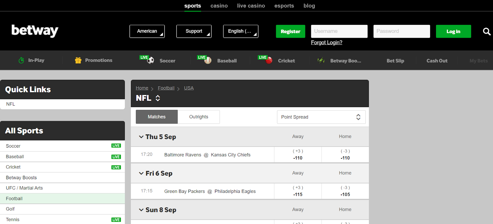 Betway NFL Betting Sites