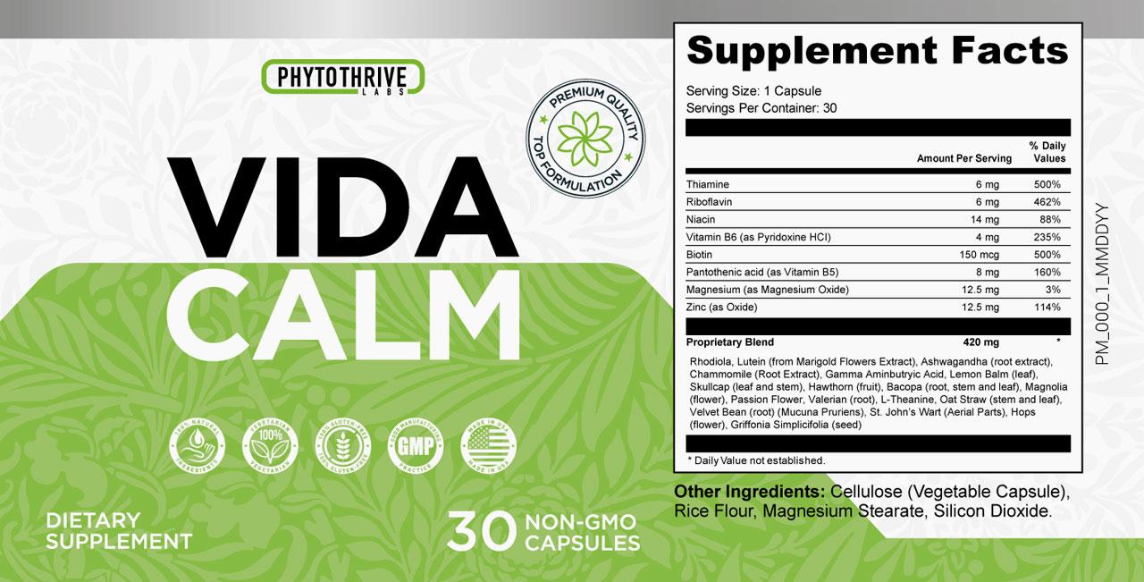 VidaCalm Ingredients Label