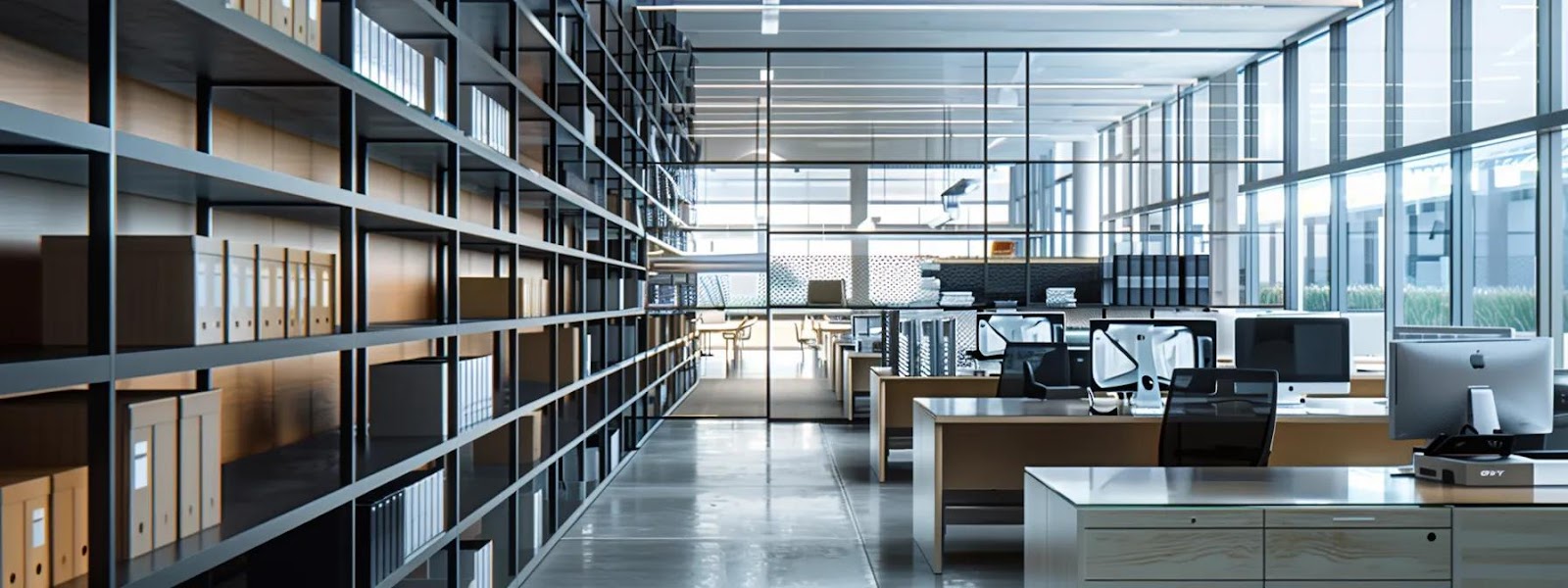 a sleek, modern office space showcases robust penco shelving units filled with organized inventory, emphasizing efficiency and substantial cost savings through their durable design.