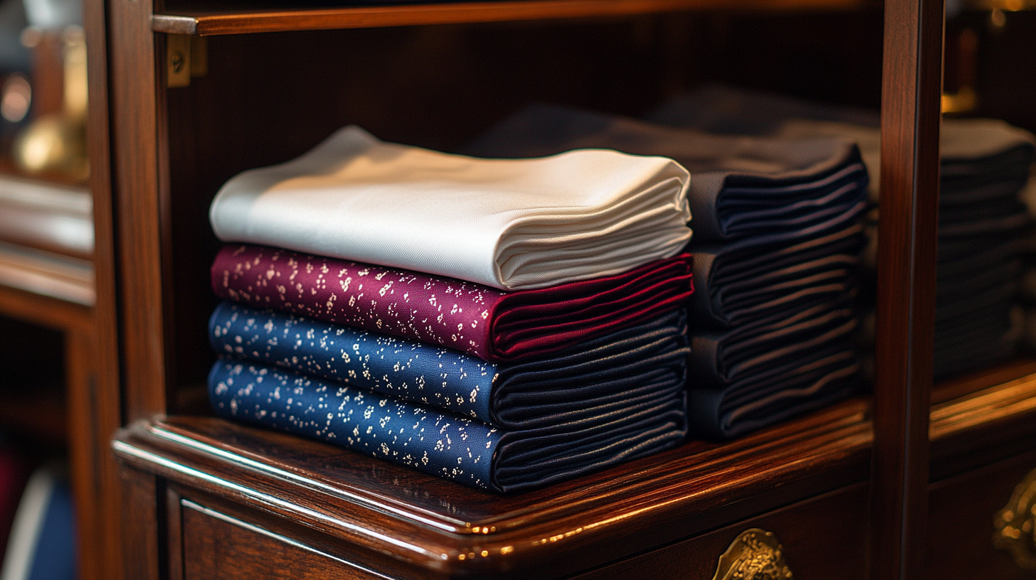 A luxurious display of pocket squares arranged on a dark mahogany dresser--one crisp white, neatly folded for a classic touch, while another set in deep navy and rich burgundy adds a subtle pop of personality. The soft lighting highlights the fine texture of the fabric, creating an atmosphere of timeless sophistication.