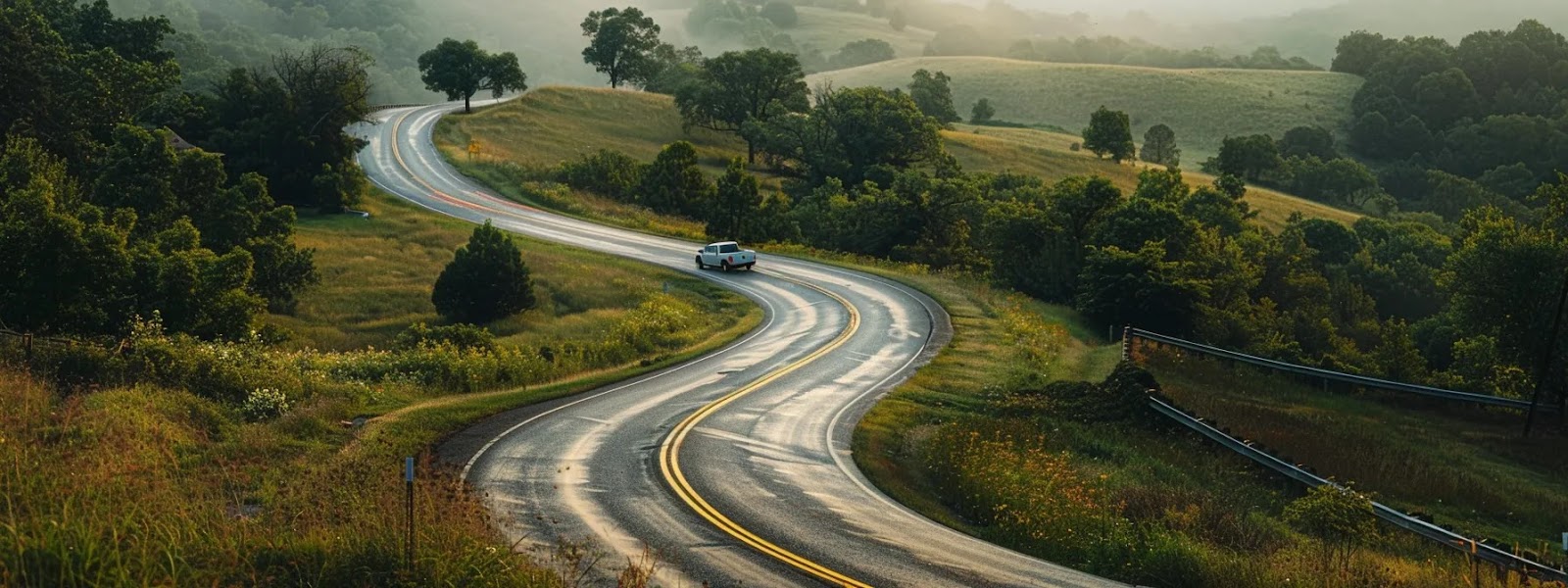 a car navigating through a winding road in oklahoma, showcasing varying landscapes and weather conditions, representing the influence of state laws on car insurance choices.