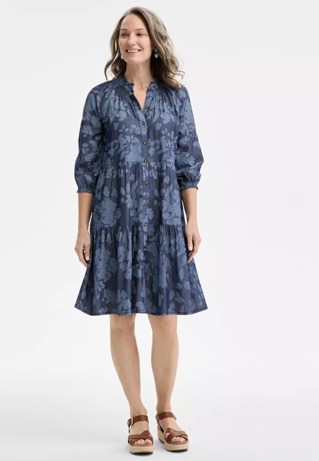 Style & Co Floral Chambray 3/4-Sleeve Tiered Dress, Exclusively at Macy's