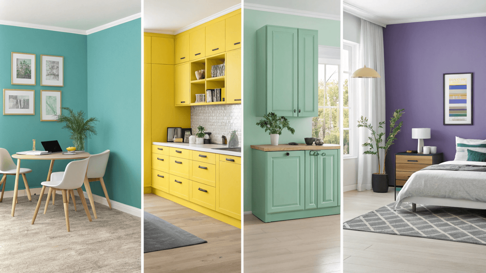 Split-screen photo showing four different rooms painted in distinct colors