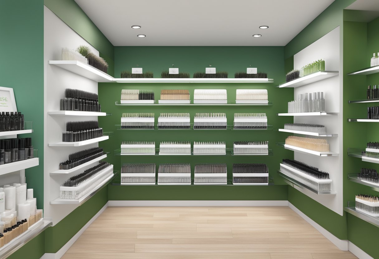 A modern, eco-friendly lash salon with sleek packaging and a variety of reusable lash options displayed on shelves for environmentally conscious clients in Hackensack