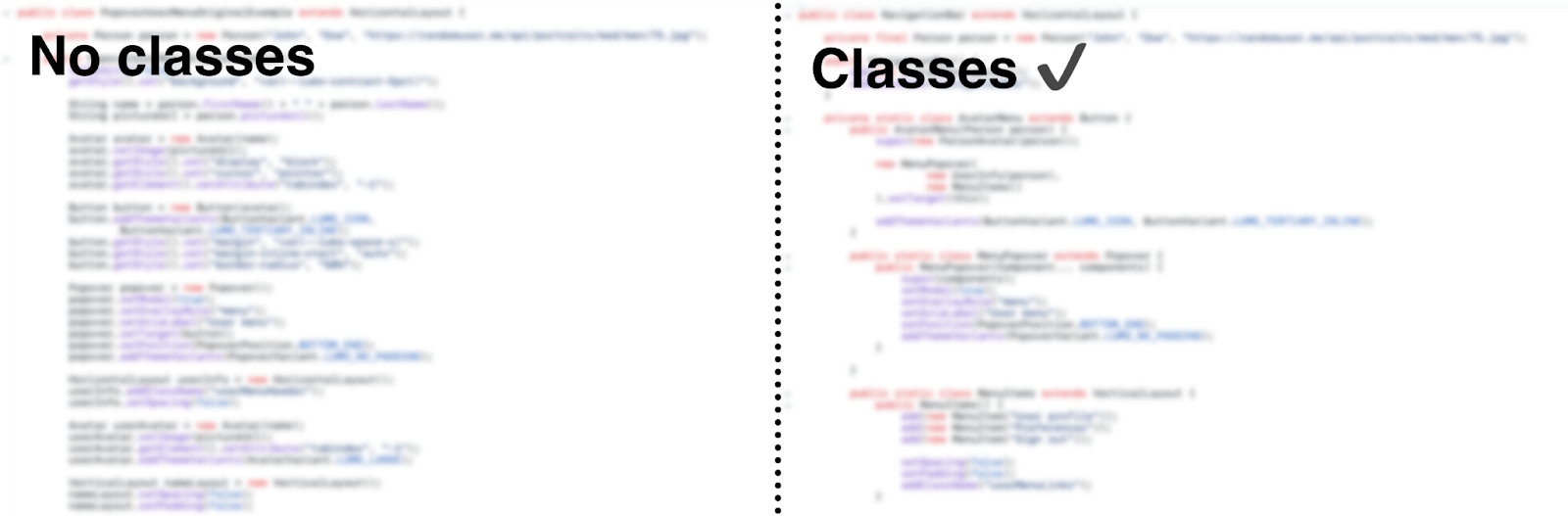 Two screenshots comparing the same code written with and without classes - both without reading glasses (blurred).