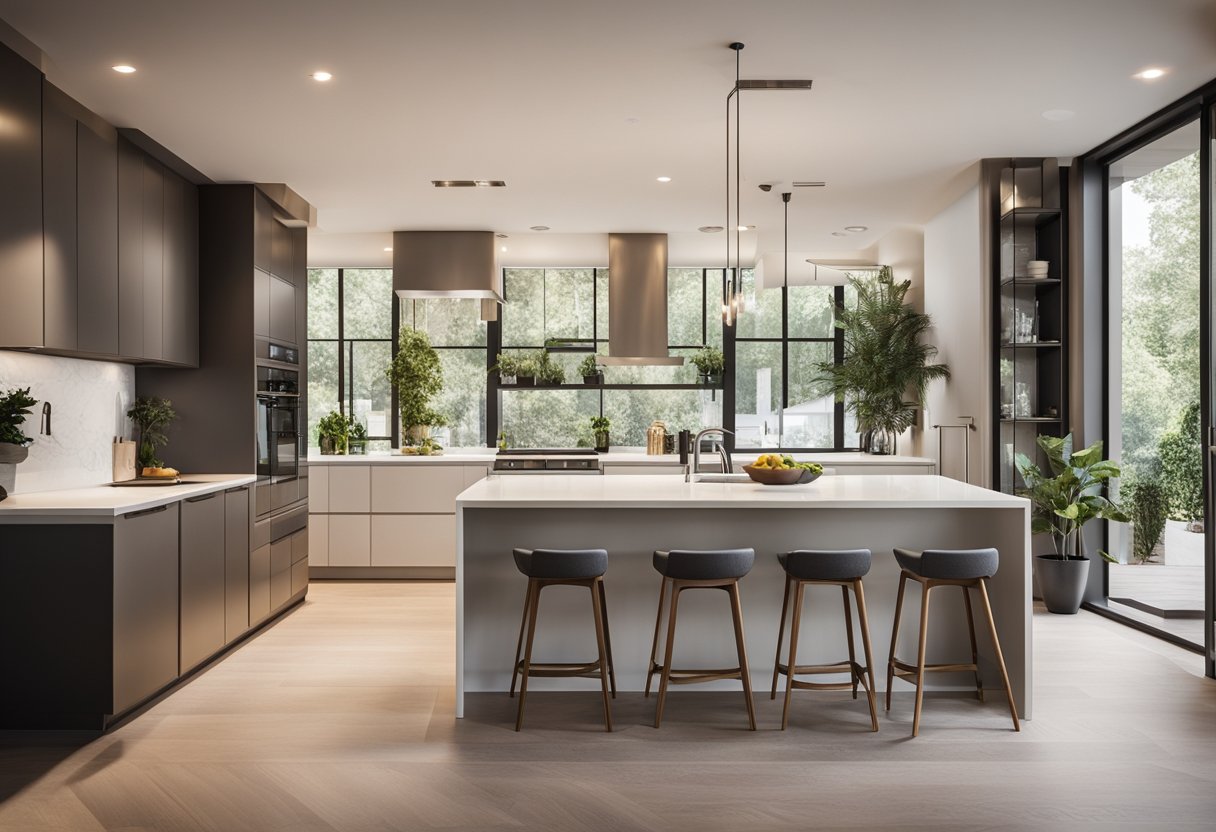 An open-concept kitchen seamlessly flows into a spacious living area, with natural light flooding in through large windows, creating a modern and inviting atmosphere