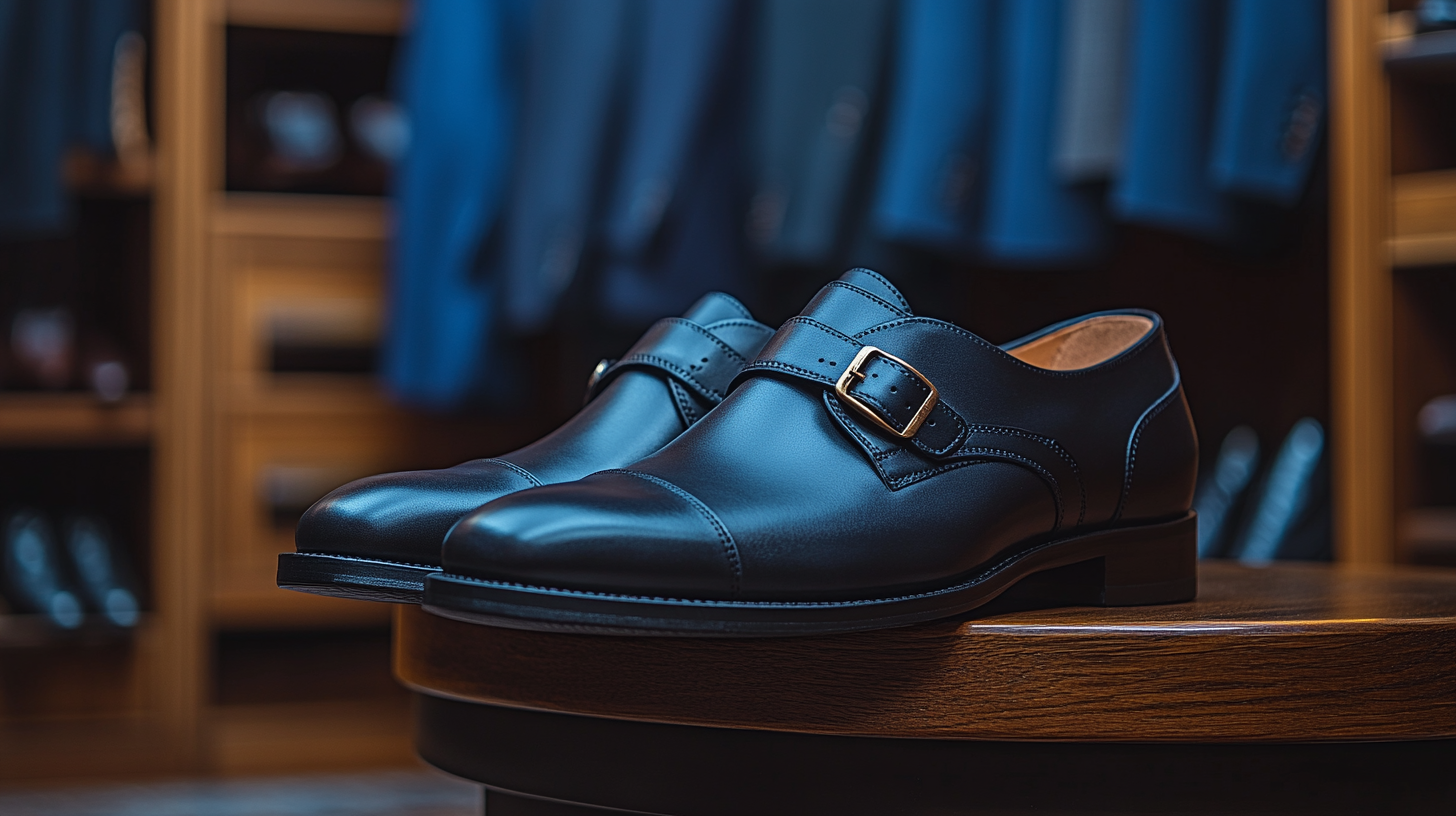 A pair of stylish black monk strap shoes on a dark wooden bench, with royal blue and navy suits hanging in the closet behind.