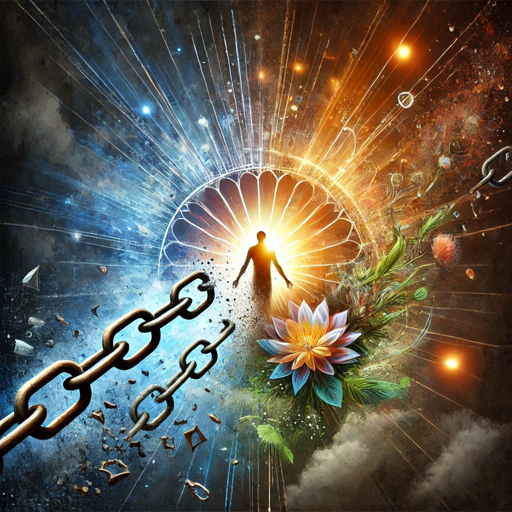 An image symbolizing transformation, with a visual transition from darker, muted tones to brighter, vibrant colors. A broken chain transforms into a strong, glowing beam of light, representing the shift from pain to power. A wilted flower rejuvenates into full bloom, and a person emerges stronger from a challenging situation. The overall mood is one of triumph, growth, and positive transformation.