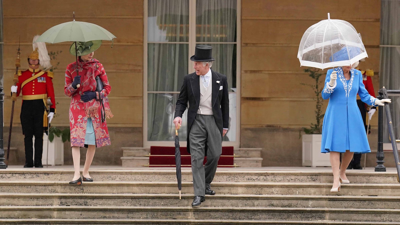 Princess Anne, King Charles III, and Queen Camilla arriving at a Royal Garden Party at Buckingham Palace on May 11, 2022, in London, England. | Source: Getty Images