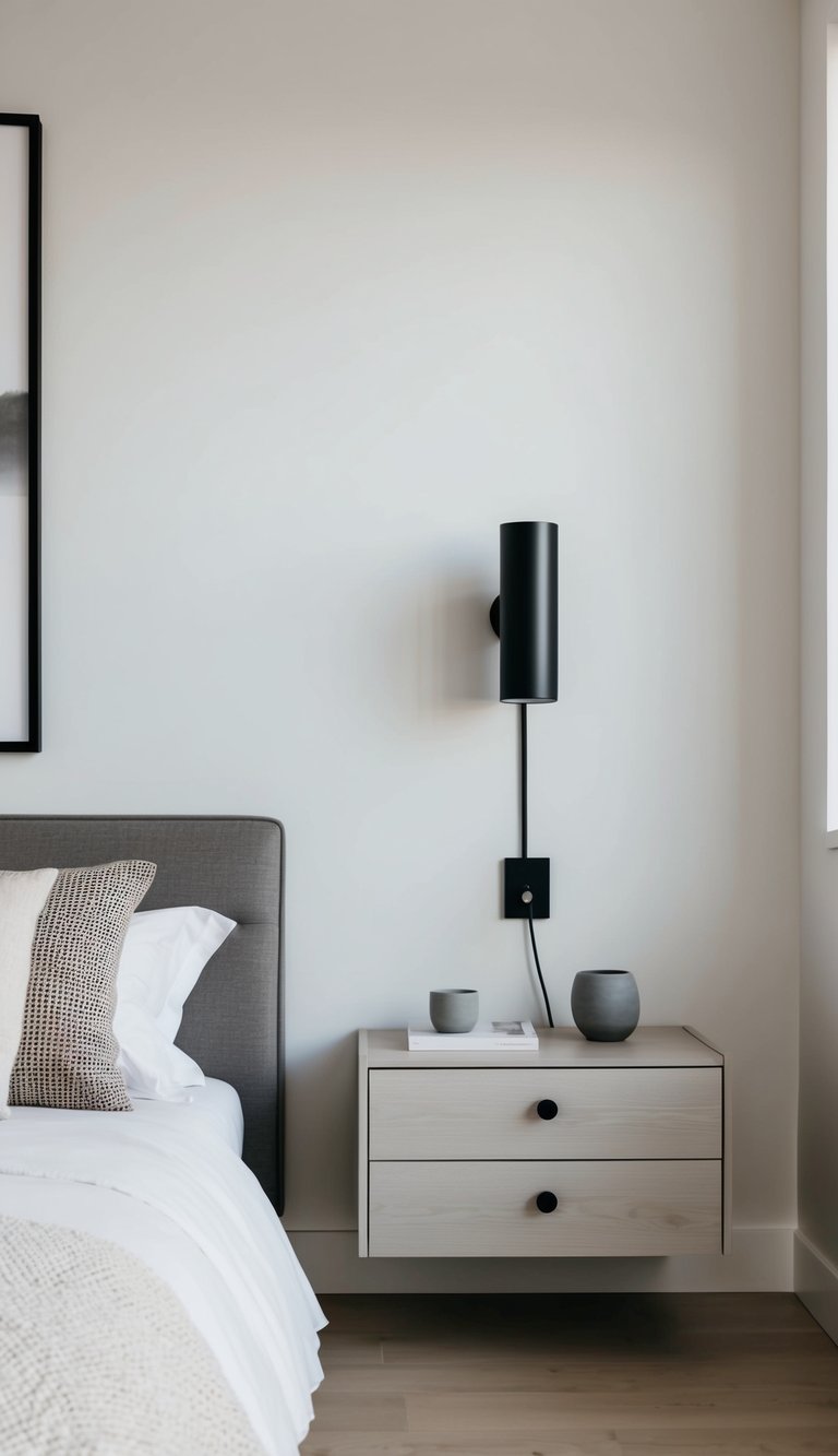 Two wall-mounted nightstands in a minimalist bedroom with clean lines and neutral colors