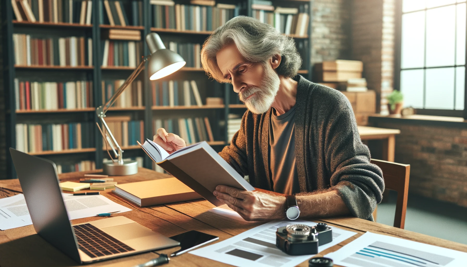 Elderly man reading a book at a wooden desk in a library.