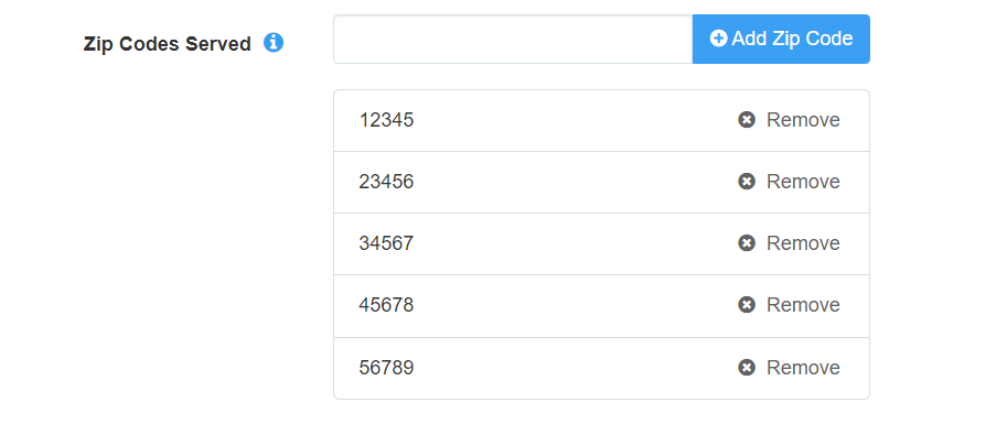 screenshot of zip codes served section of company settings