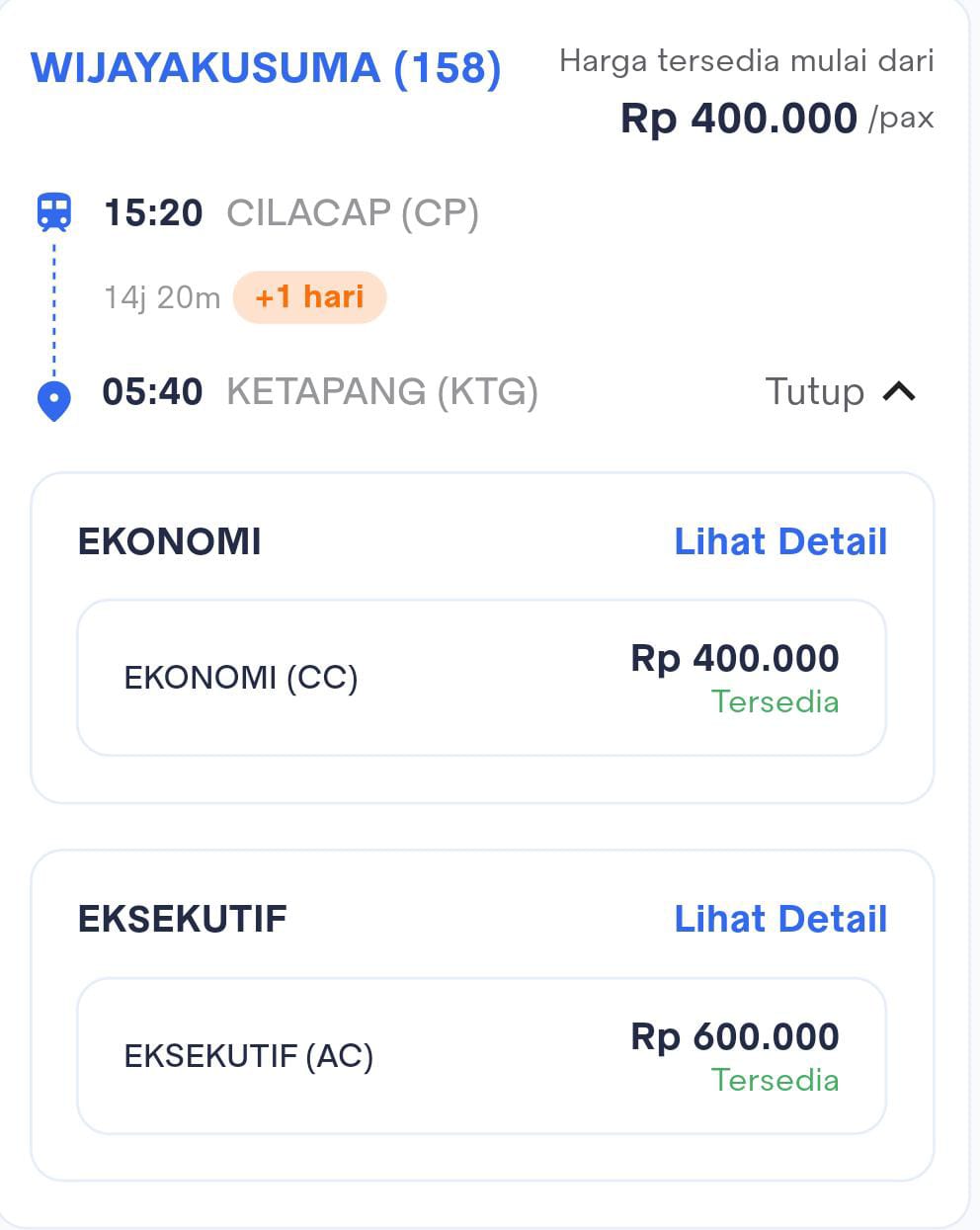 Harga Tiket KA Wijayakusuma (158) Cilacap (CP) – Ketapang (KTG)