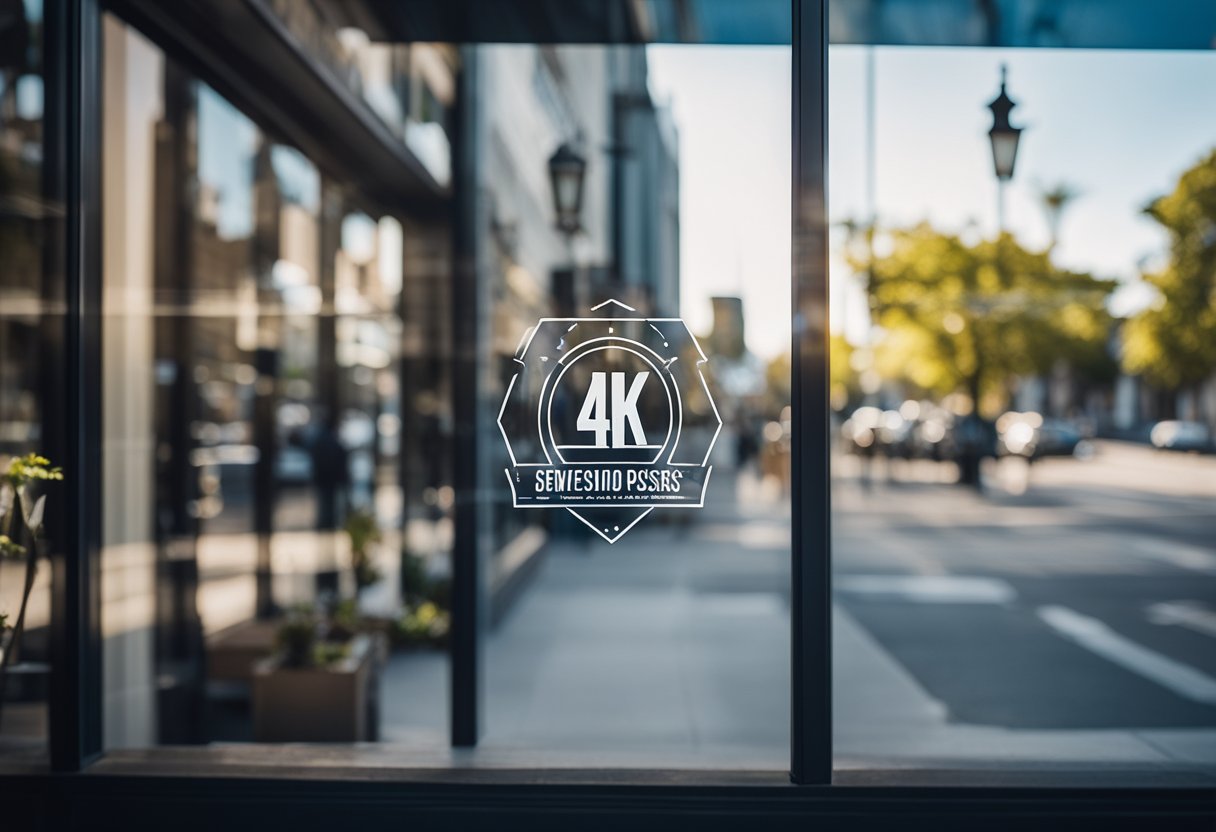 A service-based business logo prominently displayed on a storefront window, surrounded by local landmarks and a map of the zip code area