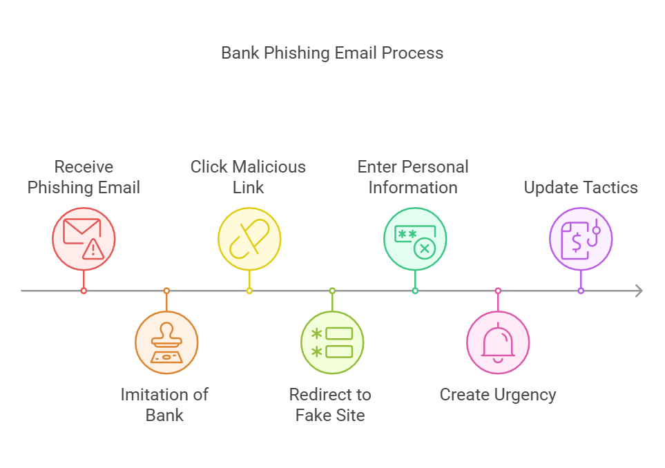 Diagram illustrating the bank phishing email scams process, emphasizing the tactics used to lure people into disclosing confidential information