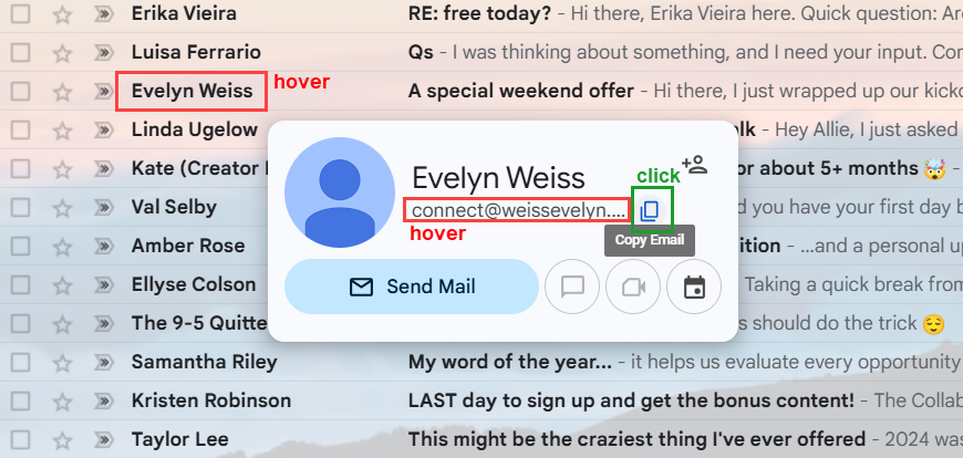 A screenshot how to copy a person's email address from Gmail on a desktop computer.