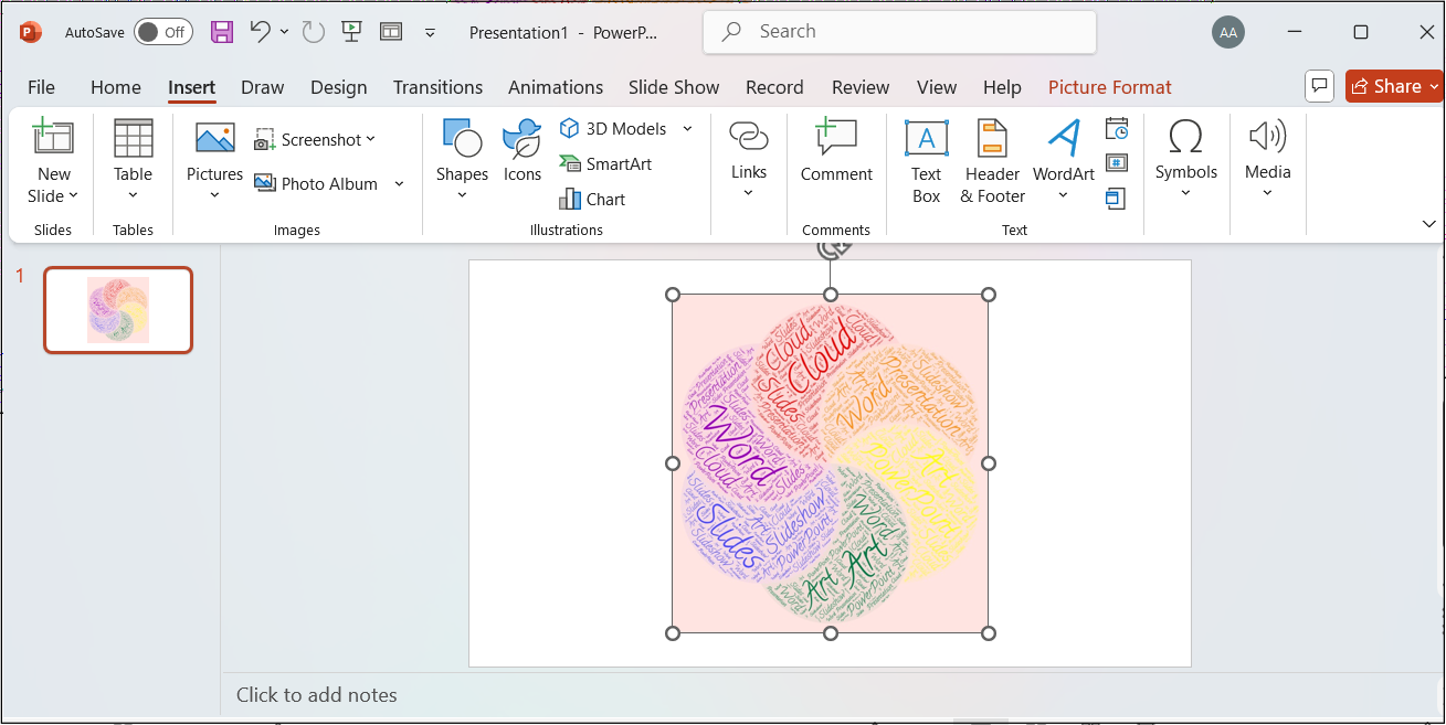 PowerPoint interface with a multicolor floral model word cloud inserted.