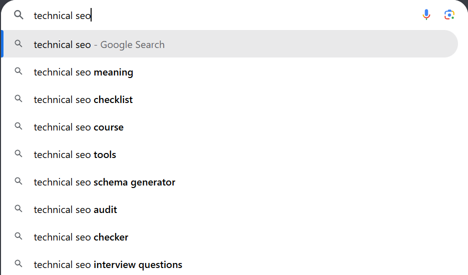 Google autosuggest example for keyword research