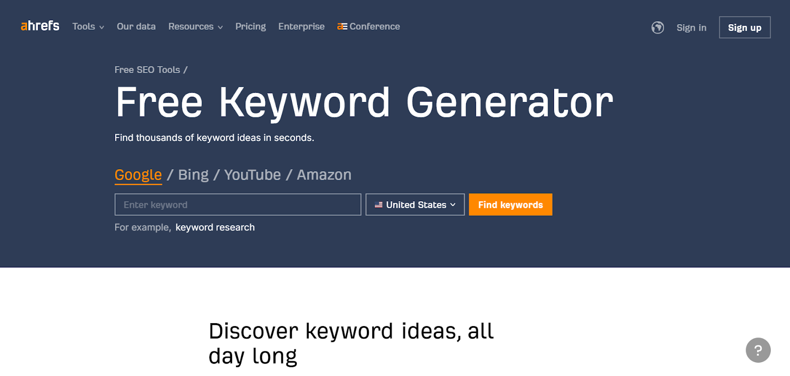  Ahrefs keyword generator tool to find low search volume and low competition keywords to increase website traffic.
