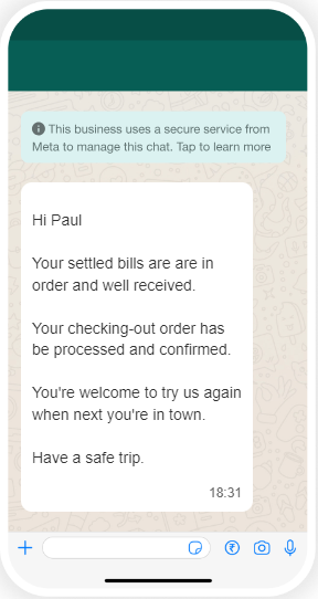 Check-out message to a guest from a hotel on WhatsApp.