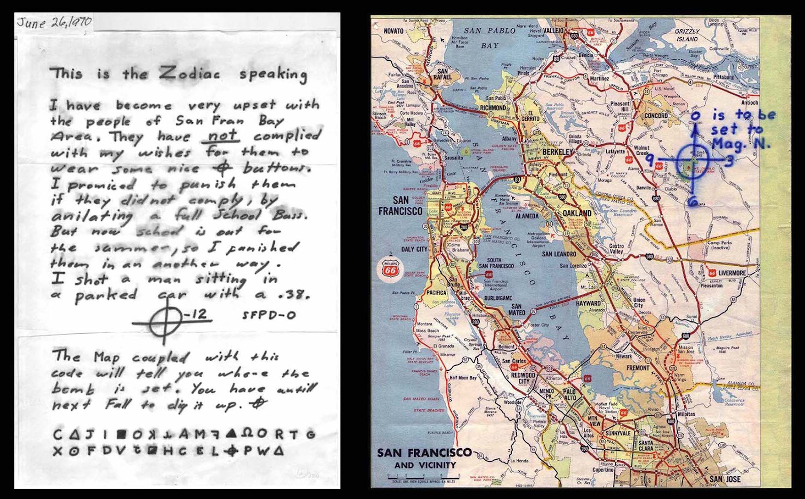 A letter and a map associated with the Zodiac Killer.