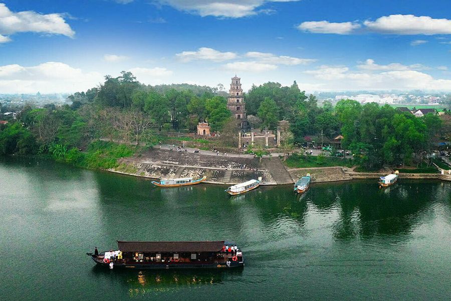 Thien Mu Pagoda nestled along the poetic Perfume River. 