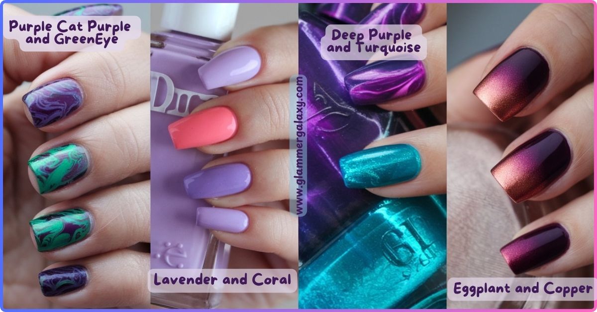 Various purple nail polish combinations with green, turquoise, coral, and copper accents.