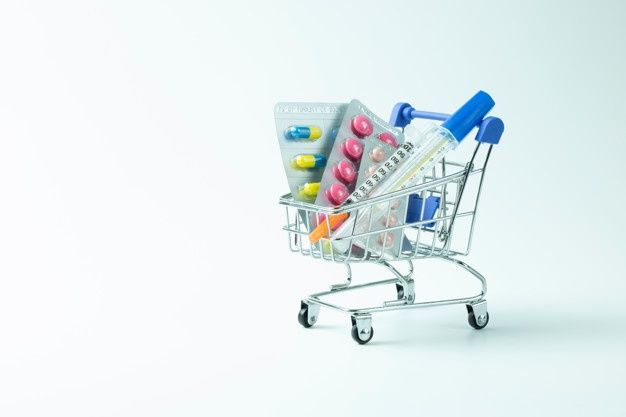 Cart full of medications, injectables etc.