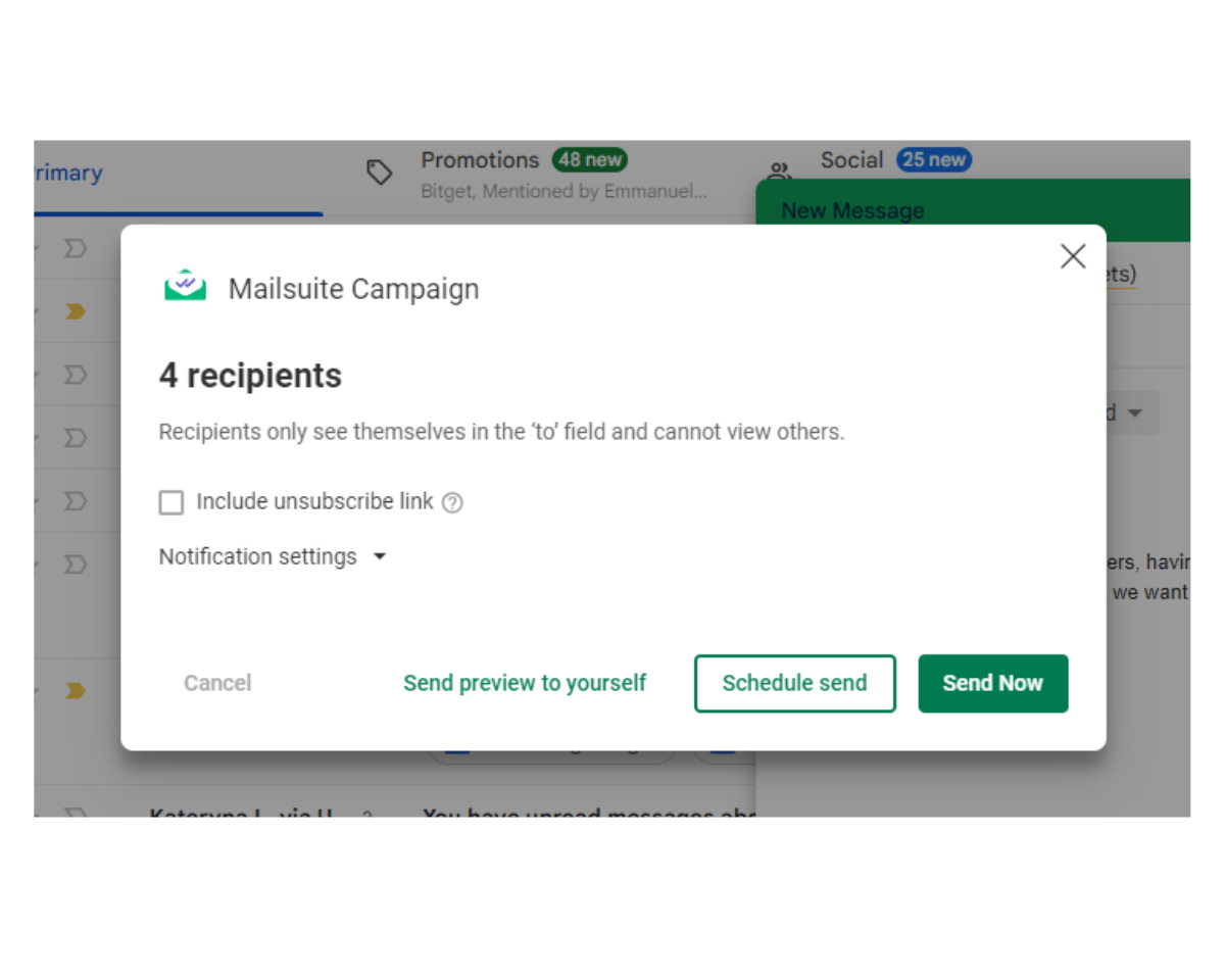 After personalizing your mail with merge fields, Mailsuite offers different sending options.