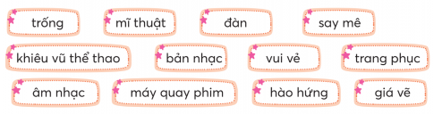 CHỦ ĐỀ 2: NGHỆ SĨ TÍ HONBÀI 1: TỪ BẢN NHẠC BỊ ĐÁNH RƠIKHỞI ĐỘNGChia sẻ với bạn một bài hát em thích theo gợi ýGiải nhanh:Em là hoa hồng nhỏ(Trịnh Công Sơn)Em sẽ là mùa xuân của mẹEm sẽ là màu nắng của chaEm đến trường học bao điều lạMôi mỉm cười là những nụ hoaTrang sách hồng nằm mơ màng ngủEm gối đầu trên những dòng thơEm thấy mình là hoa hồng nhỏBay giữa trời làm mát ngày quaTrời mênh mông đất hiền hoàBàn chân em đi nhẹ nhàngĐưa em vào tình người bao laCây có rừng bầy chim làm tổSông có nguồn như suối chảy raTim mỗi người là quê nhà nhỏTình nồng thắm như mặt trời xaEm sẽ là mùa xuân của mẹEm sẽ là màu nắng của chaEm đến trường học bao điều lạMôi mỉm cười là những nụ hoaKHÁM PHÁ VÀ LUYỆN TẬP1) Đọc và trả lời câu hỏi:Câu 1: Cha của Mô-da đưa cho cậu bản nhạc để làm gì?Câu 2: Do đâu Mô-da nảy ra sáng kiến viết một bản nhạc mới thay cho bản nhạc của cha?Câu 3: Tìm từ ngữ được dùng để khen bản nhạc của Mô-da.Câu 4: Vì sao cha của Mô-da tin rằng sau này con mình sẽ trở thành một nhạc sĩ lớn?Câu 5: Chọn tên phù hợp để đặt cho câu chuyện và nêu lí do em chọn.Giải nhanh: Câu 1: Tặng cho con gái chủ rạp hát nhân dịp sinh nhậtCâu 2: Mô-da đánh rơi bản nhạc xuống sông và cậu nảy ra sáng kiến viết một bản nhạc mới thay cho bản nhạc đã đánh rơi.Câu 3: Bản nhạc trong sáng, rất đáng yêu.Câu 4: Ngay từ những nốt nhạc đầu tiên cất lên ông đã biết không phải là bản nhạc của ông nhưng nó lại rất hay, trong sáng và đáng yêu và sau khi nghe Mo-da kể lại câu chuyện thì ông tin rằng con mình sẽ trở thành nhạc sĩ lớnCâu 5: Chọn tên phù hợp để đặt cho câu chuyện và nêu lí do em chọn: Sáng kiến của Mô-da=> Bản nhạc là những sáng kiến, ý tưởng do Mo Da suy nghĩ và viết ra.2) Đọc một bài thơ về một môn nghệ thuật hoặc một bài thơ thiếu nhi em thích:a. Viết vào Phiếu đọc sách những điều em thích.Giải nhanh:- Tên bài thơ: Dịch dắc dịch dắc - Đây là bài đồng dao- Tên môn nghệ thuật: Nghệ thuật dệt vải.- Cách em tìm bài thơ: internetb. Hình ảnh em thích được nói đến trong bài thơ làGiải nhanh:Sau khi đọc bài thơ em cảm thấy để tạo ra một mảnh vải rất khó khăn yêu cầu sự tỉ mỉ, cẩn thận, chăm chỉ. ÔN CHỮ HOA O, Ô, Ơ, QViết từ: Quang TrungViết câu: Quả treo lúc lỉu trên cànhEm đưa nét vẽ ngọt lành vào tranhNguyên ThảoGiải nhanh: Học sinh tự thực hiện vào vở.1) Xếp các từ ngữ dưới đây vào nhóm thích hợp:a. Chỉ môn nghệ thuậtb. Chỉ dụng cụ khi tham gia hoạt động nghệ thuậtc. Chỉ cảm xúc khi tham gia hoạt động nghệ thuậtGiải nhanh: a. Chỉ môn nghệ thuật: mĩ thuật, khiêu vũ thể thao, âm nhạcb. Chỉ dụng cụ khi tham gia hoạt động nghệ thuật: trống, đàn, máy quay phim, trang phục, giá vẽc. Chỉ cảm xúc khi tham gia hoạt động nghệ thuật: say mê, vui vẻ, hào hứng2) Tìm từ ngữ chỉ hoạt động của mỗi người trong tranh dưới đây:Giải nhanh:Ca hát - ca sĩVẽ - họa sĩĐàn - nhạc côngMúa - diễn viên múaQuay phim - người quay phimChạm trổ - nhà điêu khắc 3) Đặt 1 - 2 câu về hoạt động nghệ thuật có từ ngữ ở bài tập 2.M: Ca sĩ đang hát say sưa.Giải nhanh:Họa sĩ đang vẽ rất chăm chú.Người quay phim đang quay phim rất vất vả.4.)Đặt câu hỏi cho từ ngữ được in đậm:a. Mô-da nảy ra sáng kiến viết một bản nhạc để thay thế cho bản nhạc bị đánh rơi.b. Để tạo ra những chú heo đất, những người thợ đã miệt mài làm việc.c. Nhiều người đến đây để chiêm ngưỡng những bức tượng đồng đặc sắc này.Giải nhanh: a. Mô-da nảy ra sáng kiến viết một bản nhạc để làm gì?b. Những người thợ đã miệt mài làm việc để làm gì?c. Nhiều người đến đây để làm gì?VẬN DỤNG