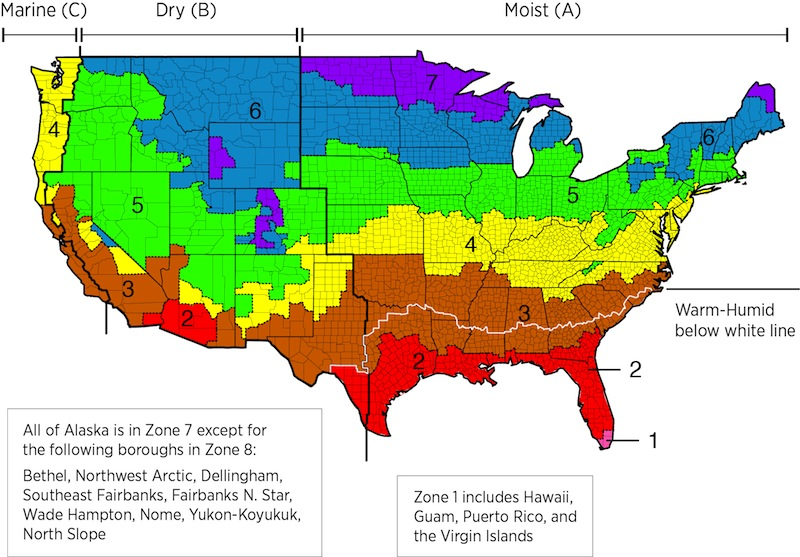 An image of a R-Value to Climate Zone in the United States. 