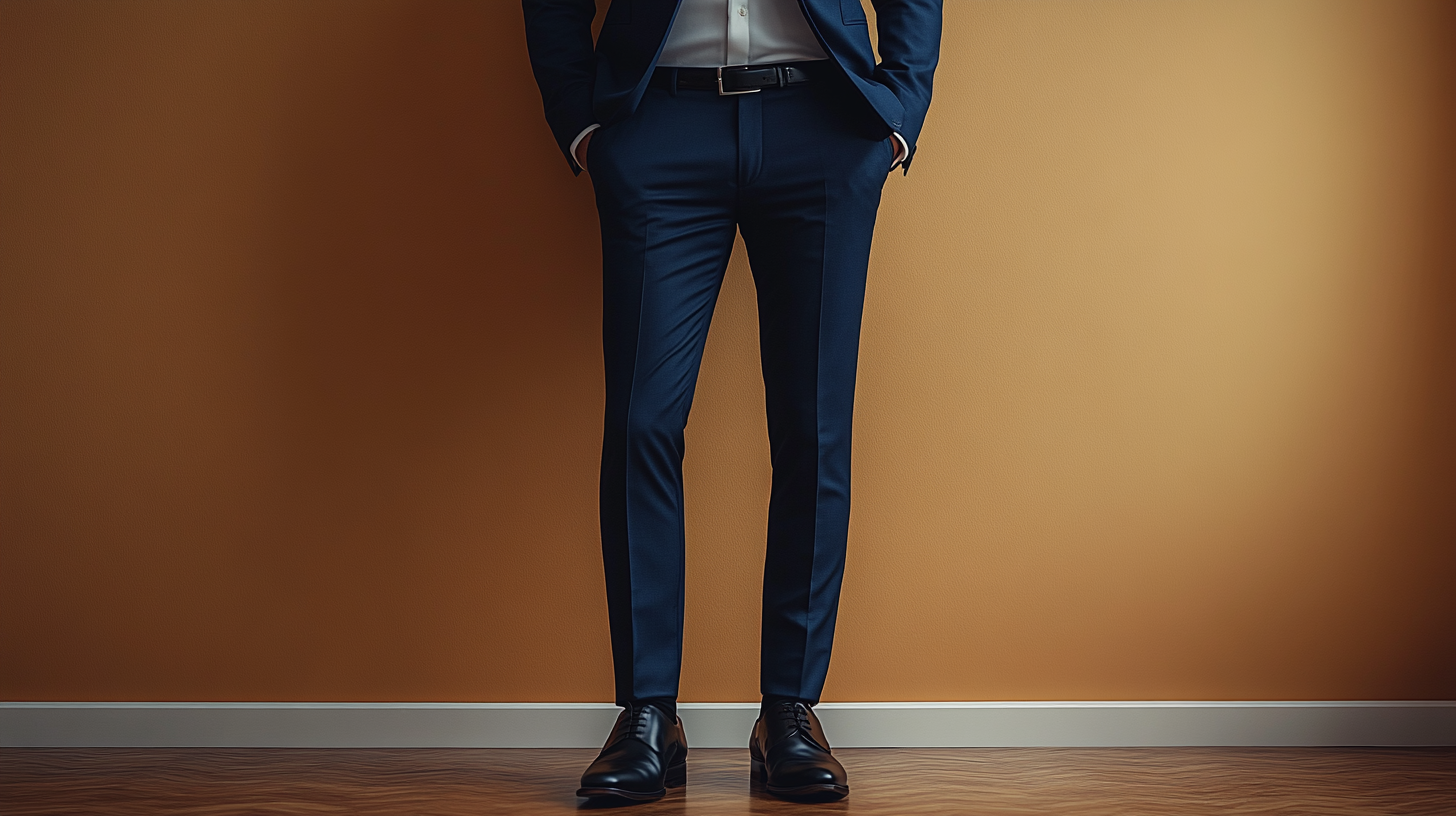 A man wearing a classic navy blue suit with black shoes, in a formal setting. The suit is tailored, with a sharp, clean cut. He’s standing confidently, showcasing the full outfit, including the black leather shoes. The background is a neutral color to highlight the suit. The look is polished, sophisticated, and ideal for both business meetings and weddings. The man has a professional, confident stance, with subtle accessories like a black belt and a simple watch. The lighting is soft but emphasizes the deep navy color of the suit and the shine of the black shoes.