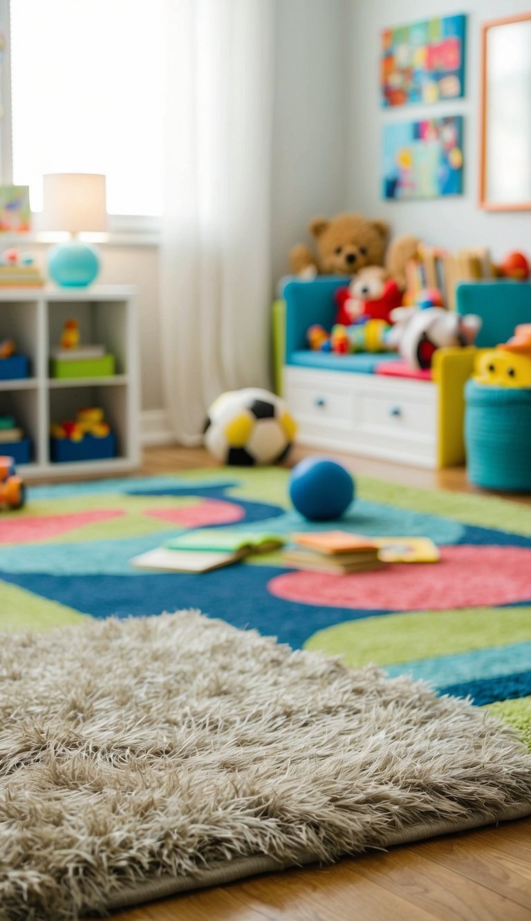 A fluffy area rug in a colorful kids' bedroom with toys and books scattered around