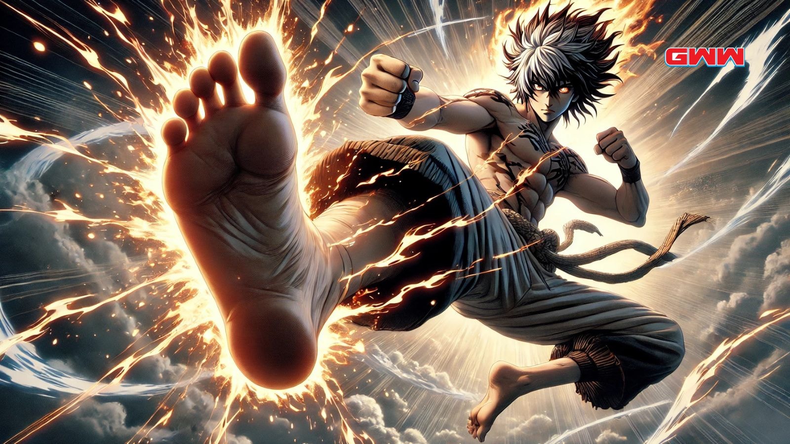  A detailed anime scene featuring one iconic character in action, focusing on a high-powered kick with flames and energy swirling around the character.