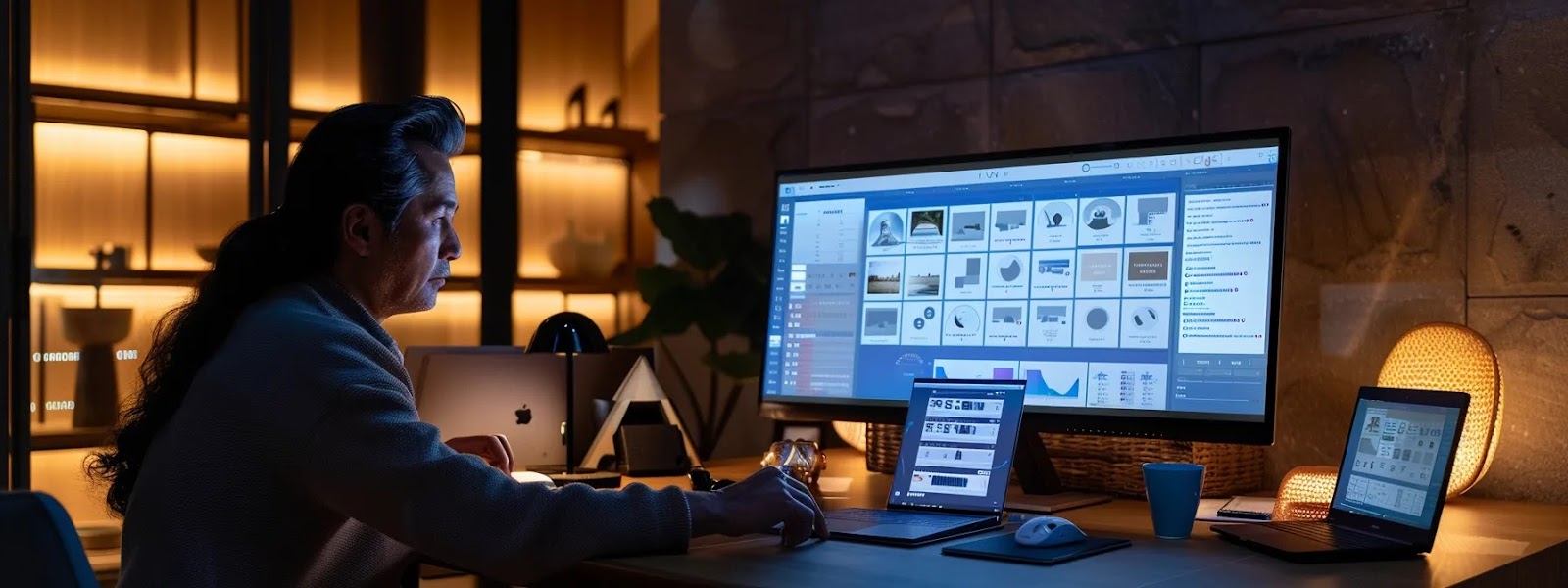 an advisor and a client using intuitive software to review and analyze estate management options on a sleek, modern computer screen.