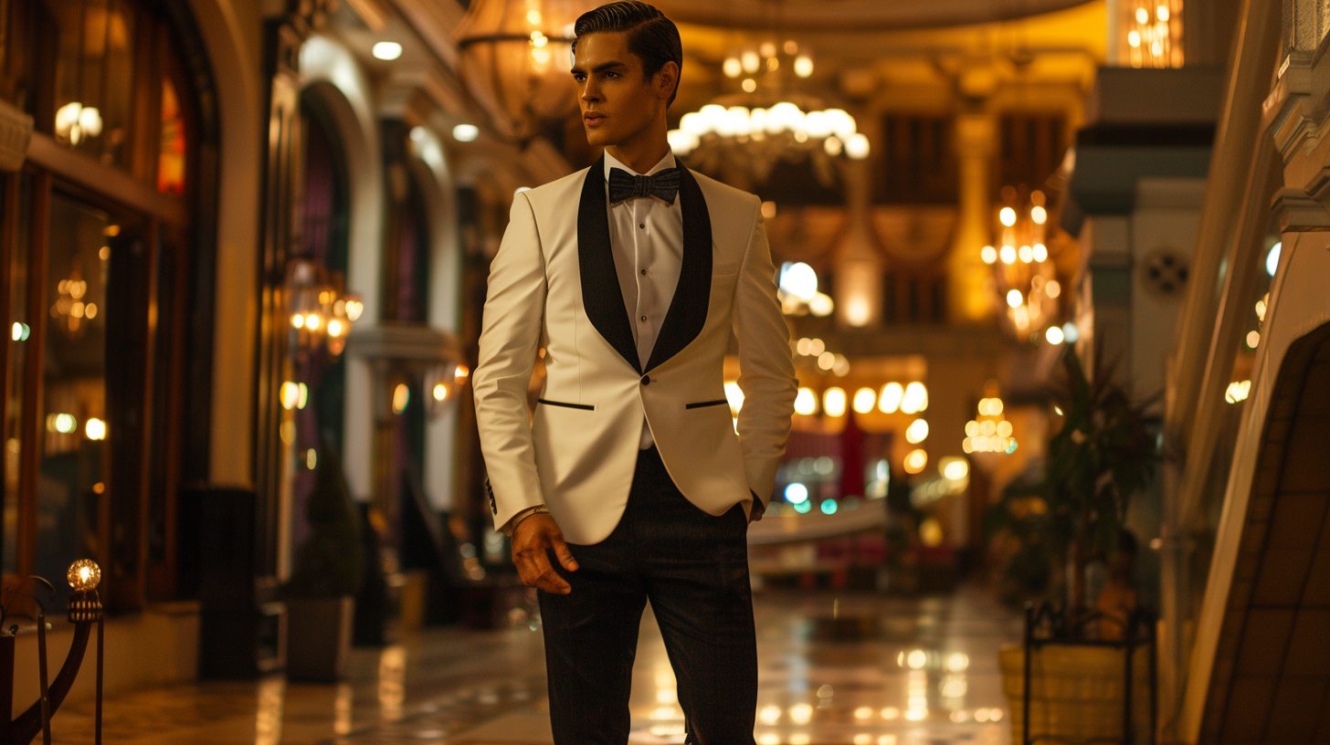 Prom-ready man in a white dinner jacket with black satin lapels, black dress trousers, black bow tie, and glossy shoes, vintage glamour aesthetic with evening lights.